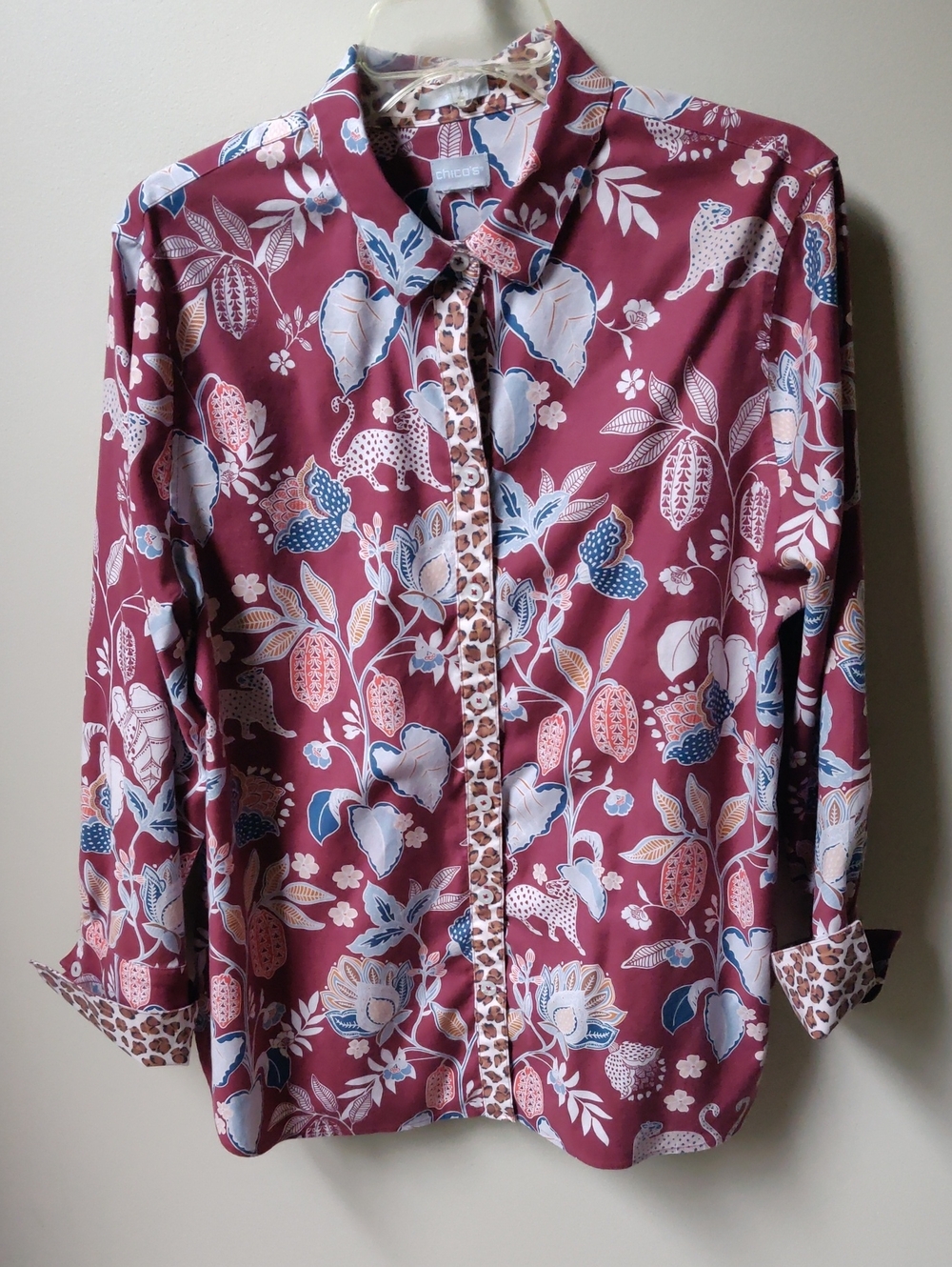 CHICO'S Maroon Floral Button-Down Shirt Blue, Cream and Animal Print